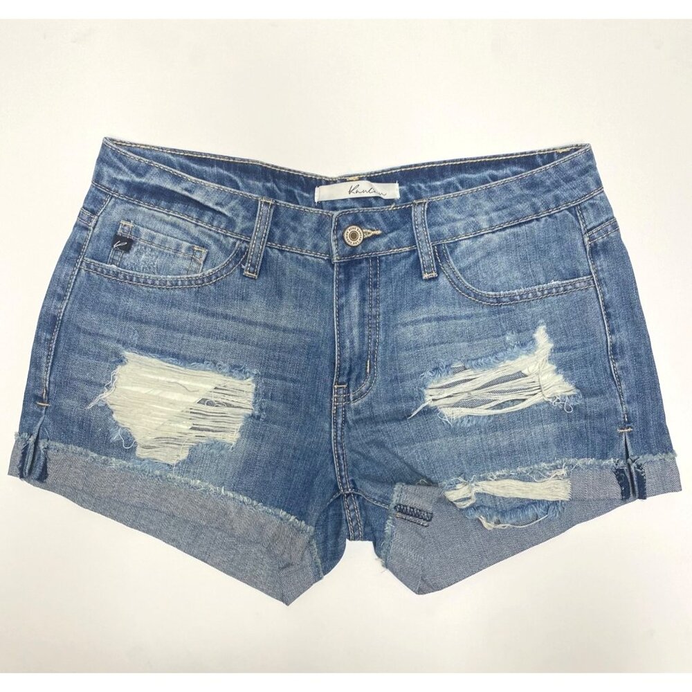 size M womens Kancan mid rise tattered blue shorts denim distressed  kc5142yt